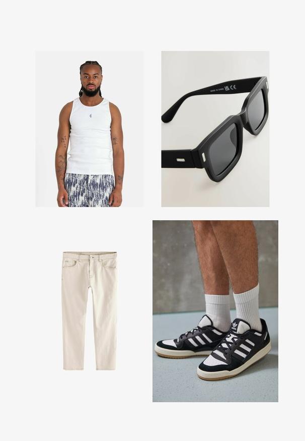 Biała prążkowana bluzka na ramiączkach z okrągłym dekoltem, ozdobiona małym niebieskim logo. Noszona z wzorzystymi, lekkimi szortami w ciemnoniebieskim i białym kolorze.; Jasnoszare dżinsy slim-fit z prostą nogawką, pięcioma kieszeniami, zapięciem na guzik i zamek błyskawiczny oraz wzmocnionymi szwami.; Czarno-białe sneakersy z zamszową i skórzaną cholewką, z trzema białymi paskami, perforowanym czubkiem i gumową podeszwą w kolorze gumy.; Czarne prostokątne okulary przeciwsłoneczne z matowym wykończeniem, ciemnymi soczewkami i srebrnymi akcentami na zausznikach. Charakteryzują się grubą konstrukcją oprawek i gładką powierzchnią.