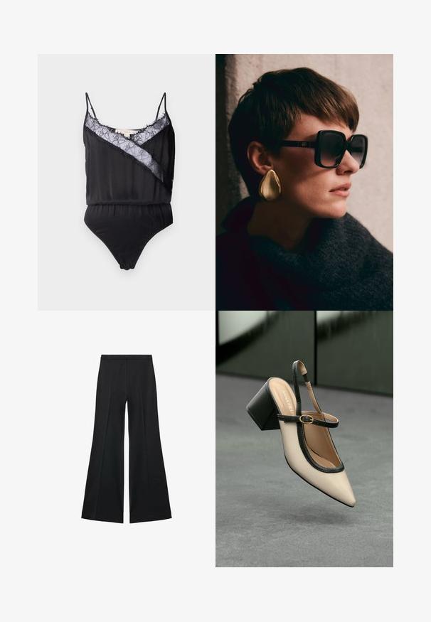 Czarne bodysuit z cienkimi ramiączkami, z koronkowym wykończeniem i postrzępionymi krawędziami wzdłuż dekoltu oraz kontrastowym ukośnym panelem. Gładka struktura materiału.; Czarne spodnie o szerokich nogawkach z gładką teksturą, z przodu ozdobione zakładkami i skrojonym fasonem. Materiał jest lekki i zwiewny.; Beżowe buty typu slingback z ostrym noskiem, czarnym wykończeniem, złotą klamrą i grubym obcasem na szarym podłożu z ciemnozielonym tłem.; Czarne oversize okulary przeciwsłoneczne z ciemnymi soczewkami i złotymi detalami, połączone z dużym, błyszczącym złotym kolczykiem w kształcie łezki. Ciemny, strukturalny szal.
