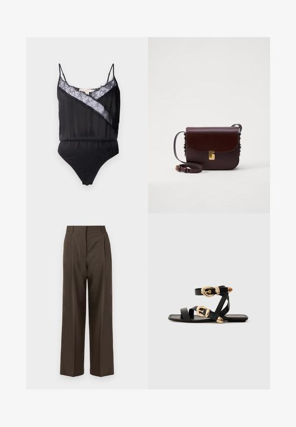 Body nero con spalline sottili, caratterizzato da un rivestimento in pizzo e bordi sfrangiati lungo il colletto e un pannello diagonale a contrasto. Tessuto dalla texture liscia.; Pantaloni larghi marroni con una superficie liscia, dotati di vita alta, pince frontali e un design sartoriale. Nessuna tasca visibile o decorazioni.; Sandali neri in pelle con dettagli in oro, caratterizzati da più cinghie e una suola piatta per un design open-toe.; Borsa in pelle marrone con chiusura a patta, accessori in metallo dorato e una tracolla regolabile. Presenta una texture liscia e una forma rettangolare elegante.