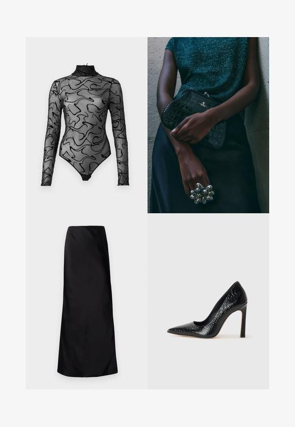 Černý body s dlouhým rukávem z průhledné síťoviny s abstraktními černými spirálovými vzory, vysokým límcem a uzávěrem na spodní části.; Norma Kamali BIAS OBIE SKIRT - Maxi sukně - black; Černý lodičkový bot s špičatou špičkou, pokrytý texturou krokodýlí kůže, s elegantním designem, vysokým stiletto podpatkem a hladkým černým interiérem.; Černá kabelka ve tvaru psaníčka s krokodýlím vzorem a stříbrným kováním, držena proti texturovanému šedému pozadí. Vyznačuje se lesklým povrchem.