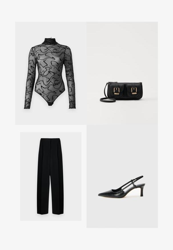 Svart langermet bodysuit i gjennomsiktig mesh med abstrakte sorte virvler, høy hals og trykknapp i bunnen.; Svart vide bukser med høy livhøyde, med folder og en glatt tekstur. Stoffet virker lett og faller elegant.; Sorte patent slingback hæl med spids tå, featuring tekstureret slangeskind, justerbar rem og en kort, tekstureret blokhæl.; Svart skinn crossbody veske med to frontlommer, gyldne spenner, glidelåslukking og en slank stropp. Teksturert overflate og kompakt rektangulær form.