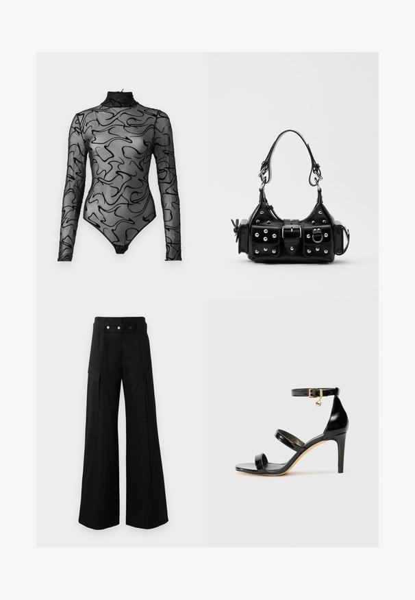 Fekete, hosszú ujjú, áttetsző hálós body absztrakt fekete örvénymintákkal, magas nyakkal és alsó patent záródással.; Fekete, bő szárú nadrág magas derékkal, nagyméretű oldalsó zsebekkel, két elülső gombbal és hurok részlettel. Tartós anyagból készült.; Fekete lakk bőr szandál három pánttal, bokapánttal és 10 cm magasságú tűsarokkal. Arany színű részletekkel és logó charm-mal rendelkezik.; Fekete bőr kézitáska ívelt designnal, ezüst szegecsekkel, csattal és két oldalsó zsebbel. Állítható vállpánt a hordozási lehetőségekhez.