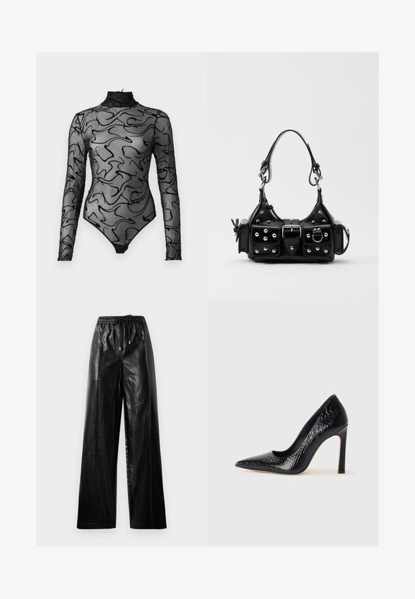 Schwarzer Langarm-Bodysuit aus durchsichtigen Mesh mit abstrakten schwarzen Wirbelmustern, hohem Kragen und Druckknopfverschluss am Boden.; Schwarze Leder-Hosen mit weitem Beinschnitt, elastischem Taillenbund, Kordelzug und goldenen Hardware-Akzenten. Glatte Textur und lockerer Schnitt.; Schwarzer, spitz zulaufender High Heel mit Krokodilleder-Struktur, elegantem Design, hohem Stiletto-Absatz und glattem schwarzen Innenraum.; Schwarze Lederhandtasche mit einem geschwungenen Design, verziert mit silbernen Nieten, einer Schnalle und zwei seitlichen Taschen. Verstellbarer Träger für verschiedene Tragemöglichkeiten.