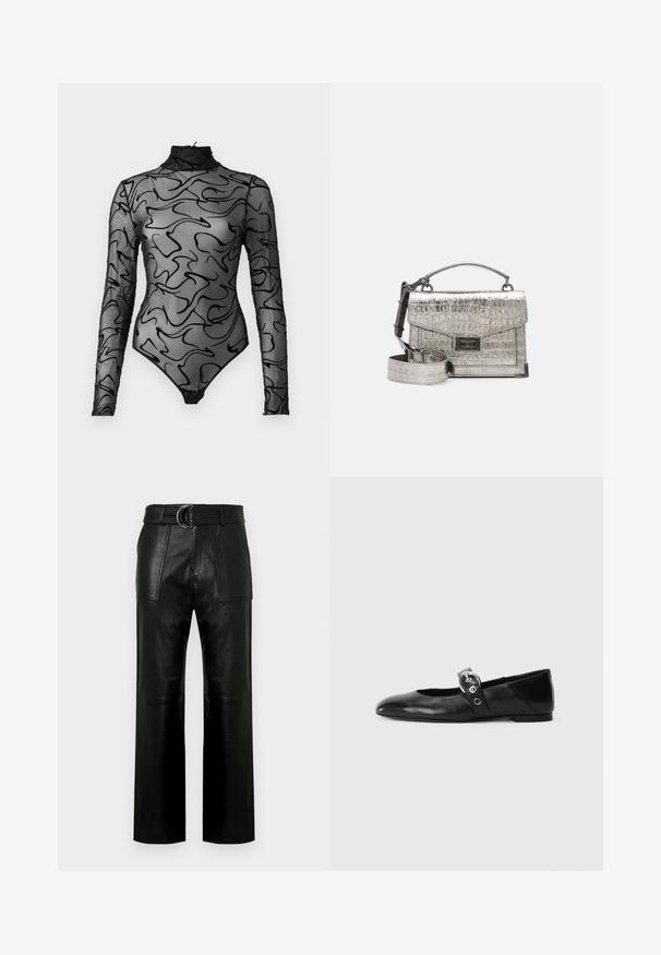 Črn dolg rokav bodi iz prosojnega mrežastega materiala z abstraktnimi črnimi vijugastimi vzorci, visokim ovratnikom in gumbi na dnu.; Visoko pasovane črne usnjene hlače širokih nogavic z velikimi sprednjimi žepi in usnjenim pasom s podvojenim zaponko.; Črne usnjene baletne balerinke s koničastim nosom, ki imajo trak z okroglo kovinsko zaponko in ravno podplat.; Metalna srebrna crossbody torba s krokodilskim vzorcem. Ima zgornji ročaj, odstranljiv pas in pravokotno obliko z zaponko.