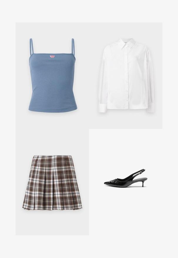 T-shirt de alças finas, de cor azul, com textura em relevo; apresenta um pequeno logótipo vermelho na parte da frente. Textura suave, design ajustado e sem adornos.; Camisa branca de mangas longas com botões, em um suave misto de algodão. Apresenta um colarinho clássico, fechamento frontal com botões e punhos arredondados.; Saia plissada xadrez castanho e branco com um design estruturado e textura nítida, apresentando uma cintura alta e múltiplas dobras verticais.; Sapatos de salto alto slingback em couro preto com bico fino, pequeno salto kitten e um detalhe decorativo em forma de nó na parte da frente. Textura suave em toda a parte.