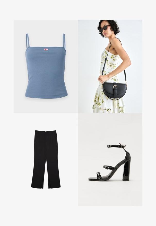 Modra rebrasta majica brez rokavov z tankimi naramnicami; na sprednji strani je majhen rdeč logotip. Gladka tekstura, prilegajoča zasnova in brez dodatkov.; Črne hlače ravnega kroja z naglavnimi žepi in stranskimi razporki na robu. Narejene iz mehke, gladke tkanine. Primerne za različne priložnosti.; Črne lakaste sandale z visokimi petami, z dvema trakovoma z zaponkama, kvadratnim sprednjim delom in masivno širšo peto, z gladko, sijočo teksturo.; Črna usnjena torbica s ukrivljeno obliko, z odstranljivo naramnico in zlatimi dodatki. Torbica ima pokrov s podrobnostmi v obliki zaponke.
