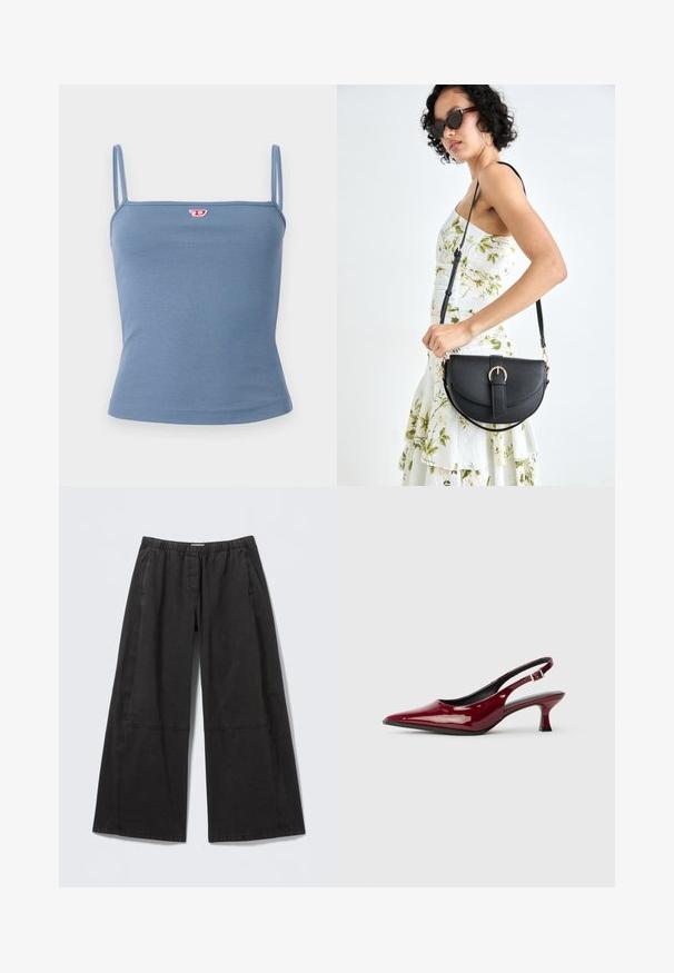 Modra rebrasta majica brez rokavov z tankimi naramnicami; na sprednji strani je majhen rdeč logotip. Gladka tekstura, prilegajoča zasnova in brez dodatkov.; Črne hlače širokih nog z elastiko v pasu, izdelane iz bombaža, z teksturiranim materialom in z vstavki s šivi ob straneh.; Burgundske paten kože slingback pete s oštrim nosom i elegantnom stiletto petom. Dizajn s otvorenom stražnjom stranom s podesivim detaljem na remenu oko gležnja.; Črna usnjena torbica s ukrivljeno obliko, z odstranljivo naramnico in zlatimi dodatki. Torbica ima pokrov s podrobnostmi v obliki zaponke.