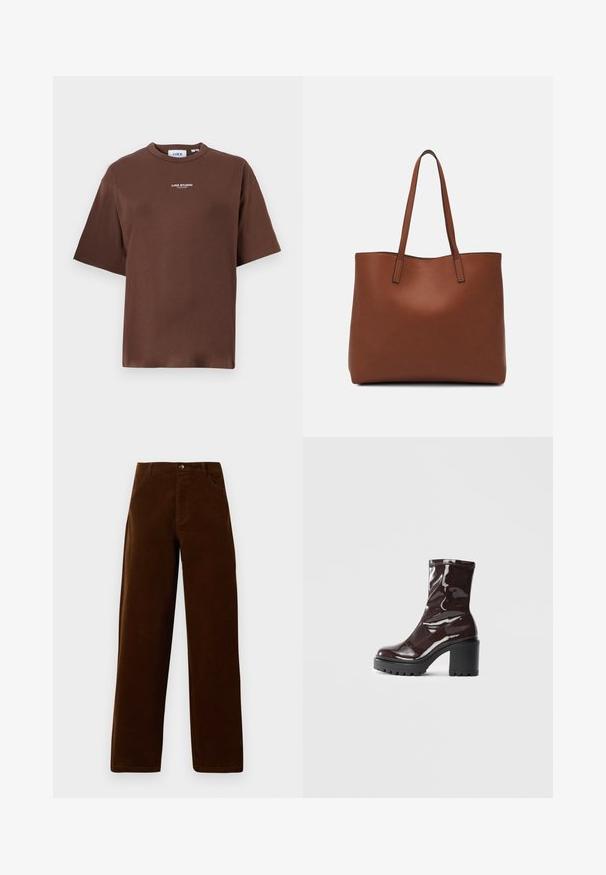 Ruda medvilninė marškinėliai su laisvu siluetu, apvaliu iškirpimu ir trumpomis rankovėmis. Priekyje yra mažas užrašas "JJXX STUDIO".; Rudos kordurojė marskinėlio tiesaus kirpimo kelnės su priekinių kišenių, diržo kilpų ir mygtuko uždarymu ant balto fono.; Blizgus burgundių spalvos kulknapis su tankiu juodu kulnu, pasižymintis lygiu paviršiumi ir paprastu dizainu. Nėra matomų užsegimų ar raštų.; Ruda odinė priekabų krepšys su glotnia tekstūra, atviru viršumi ir dviem petnešomis. Su minimalia siuvimo detalėmis ir nematoma aparatūra.