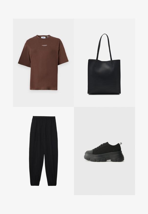 Barna pamut póló laza szabással, kerek nyakkivágással és rövid ujjakban. Elöl kis "JJXX STUDIO" felirattal rendelkezik.; Fekete, könnyű nadrág elasztikus derékkal és ráncolt bokákkal. Az anyag sima és laza, szűkített dizájnnal rendelkezik.; Fekete sportcipők vastag gumitalppal, texturált szövet felsőrésszel, kerek orral és fűzős kialakítással. Megerősített fűzőlyukakkal és hátsó húzófüllel rendelkezik.; Fekete bőrtáska sima felszínnel, téglalap alakú, két hosszú füllel. Nincs látható fémkiegészítő vagy díszítés.