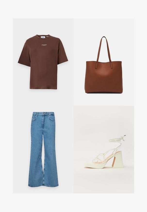 Camiseta de algodón marrón con un corte relajado, escote redondo y mangas cortas. Presenta un pequeño texto "JJXX STUDIO" en la parte frontal.; Jeans acampanados de color azul claro hechos de denim, con una cintura alta, cinco bolsillos y un cierre de botón. Textura suave con acabado desgastado.; Sandalia de tacón alto blanca con un tacón grueso, que presenta un diseño de tiras y un lazo en el tobillo. Textura suave con una plataforma en la parte delantera para mayor altura.; Bolso tote de cuero marrón con una textura suave, diseño de apertura superior y dos correas para el hombro. Presenta una costura mínima y sin herrajes visibles.
