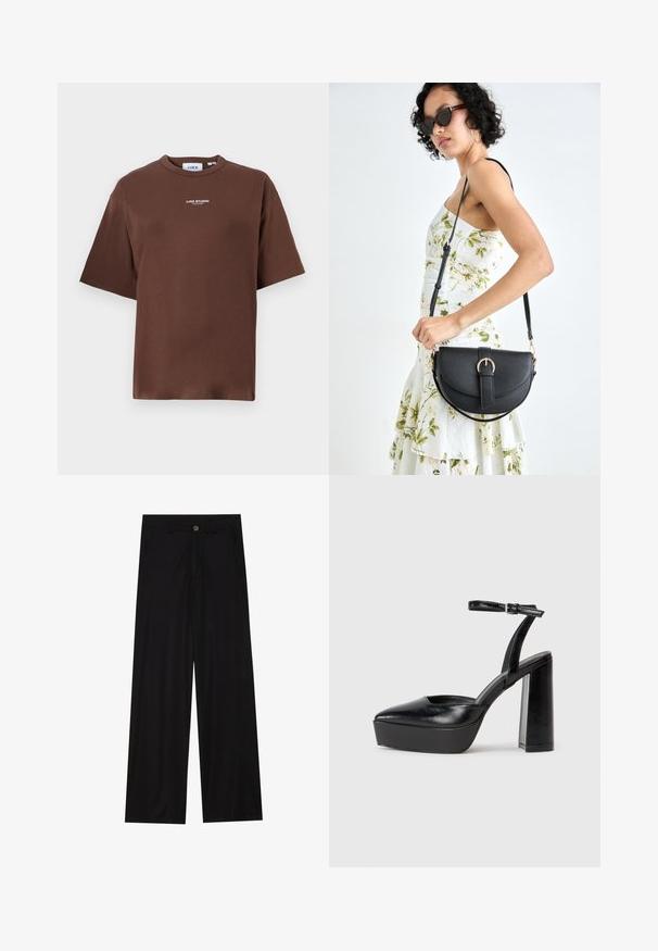 Brūns kokvilnas T-krekls ar brīvu piegriezumu, apaļu kakla izgriezumu un īsām piedurknēm. Uz priekšas atrodas neliels "JJXX STUDIO" teksts.; Platas kājas melnas bikses, izgatavotas no gludas auduma, ar priekšējām kabatām un pogas aizdari jostasvietā. Minimālisma dizains, bez rakstiem.; Melnas platformas papēžs ar norādītu purngala formu un regulējamu potītes siksniņu. Izgatavotas no gludas ādas, ar masīvu bloku papēdi.; Melnas ādas rokassoma ar izliekta formu, noņemamu siksnu un zelta aksesuāriem. Somai ir vāciņš ar sprādzes detaļu.