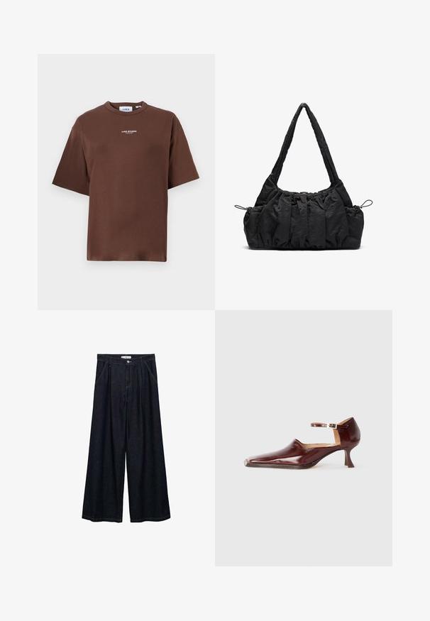 Brown cotton t-shirt with a relaxed fit, crew neckline, and short sleeves. Features small "JJXX STUDIO" text on the front.; Dark denim wide-leg trousers with a high waist, featuring a front button closure, two side pockets, and stitching details.; Burgundy patent leather shoe with a pointed toe, ankle strap, and a 5 cm tapered heel. Smooth texture and minimalistic design.; Black fabric handbag with gathered texture, two shoulder straps, and drawstring closure on sides. Smooth, lightweight material.