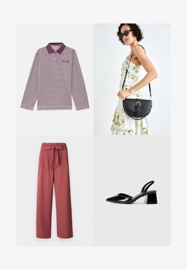 Polo de mangas longas listrado em bordô e branco, com colarinho, placket de três botões e logotipo bordado no peito.; Calças de perna larga numa cor rosa empoeirado, feitas de um tecido suave, com um cinto atado à cintura e bolsos laterais.; Sandy em verniz preto com salto slingback, ponta afilada e salto geométrico. Apresenta um design elegante e minimalista com textura suave.; Bolsa de couro preta com forma curva, alça destacável e detalhes em dourado. A bolsa possui uma aba com detalhe de fivela.