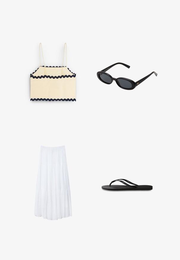 Cremefarvet crop top med marineblå bølgede kanter, der har tynde stropper og et enkelt rektangulært design. Blød tekstur og let materiale.; Hvid, lagdelt maxiskørt lavet af letvægtsstof. Har en elastisk talje og en flydende design med blød, subtil tekstur.; Sorte flip-flop med en tekstureret gummisål, to slanke stropper og et subtilt, præget logodetalje på stroppen.; Store store