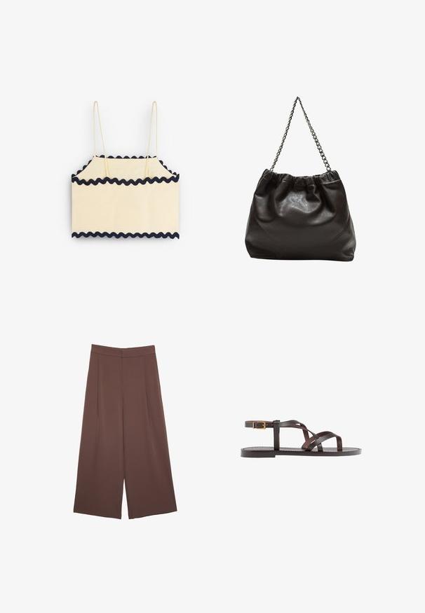 Kermanvärinen cropped-top, jossa on tummansiniset, aaltoilevat reunat. Ominaisuuksina ohuet hihnat ja yksinkertainen suorakulmainen muotoilu. Pehmeä materiaali ja kevyt kangas.; Ruskeat leveälahkeiset housut, joissa on sileä pinta, korkea vyötärö ja etupleat. Kangas on kevyttä ja laskeutuu väljänä.; Ruske kožne sandale s križnim trakama, zatvaranjem na kopču oko gležnja i ravnim potplatom s minimalnim detaljima šivanja.; Ruskea nahkainen laukku, jossa on kerätty yläosa ja ketjuhihna. Tasainen pinta, jossa kiiltävä viimeistely ja hienovaraiset sauman yksityiskohdat sivuilla.