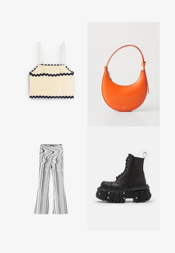 Cremefarvet crop top med marineblå bølgede kanter, der har tynde stropper og et enkelt rektangulært design. Blød tekstur og let materiale.; Sorte og hvide flarebukser med et bølget stribet mønster. Fremstillet af et glat materiale med en tætsiddende talje og brede benåbninger.; Sorte læderkampstøvler med høj skaft, snørelukning, kraftig gummisål og metalaccenter på sålens base.; Orange læderhåndtaske med en halvmåneform, slank rem og guldhardware. Har en lynlåslukning og prægede brandnavn på forsiden.