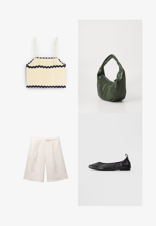 Cream-colored crop top with navy scalloped trim, featuring thin straps and a simple rectangular design. Soft texture and lightweight fabric.; Beige linen shorts with a wide leg, featuring front pleats and a smooth waistband. The fabric has a slightly textured finish.; Black leather ballet flat with rounded toe, gathered elastic sides, and a pull tab at the heel, displayed on a light background.; Green woven leather bag with a curved handle and zip closure. Features a textured, patterned surface and a soft, slouchy shape.