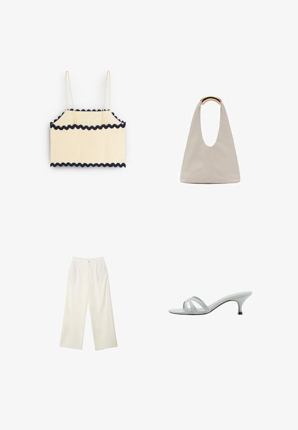 Crop top de couleur crème avec un ourlet festonné bleu marine, présentant des bretelles fines et un design rectangulaire simple. Texture douce et tissu léger.; Pantalons à jambes larges en tissu crème avec une texture lisse, dotés d'un seul bouton à l'avant, de plis subtils et d'un design taille haute.; Sandales à talons gris clair avec trois bandes entrecroisées, un profil élancé et un talon effilé. Texture lisse avec une finition légèrement brillante.; Sac en cuir gris clair avec un design en forme de U et une poignée métallique courbée. Texture lisse avec un minimum de coutures et sans motifs visibles.