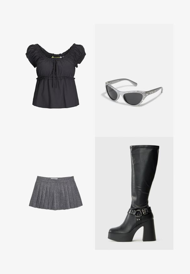 Černá blůza s krátkým rukávem, s nařaseným výstřihem a elastickým pasem. Měkká tkanina s volným střihem, s detailem vázání vpředu.; Šedá plisovaná sukně vyrobená z texturované látky. Obsahuje dobře padnoucí pas a více vertikálních plisů, což vytváří strukturovanou siluetu.; Černé vysoké platformové boty do kolen s lesklým povrchem, vyznačující se širokým blokovým podpatkem a připínací páskem u kotníku.; Stříbrné sluneční brýle ve tvaru kočičích očí s tmavými skly, ozdobené jasnými drahokamy podél obruby. Matný povrch s zakřiveným designem nožiček.; Černá měsíčková kabelka s barevným květinovým potiskem a uzlovými rukojeťmi, která má malé kovové logo v pravém dolním rohu.