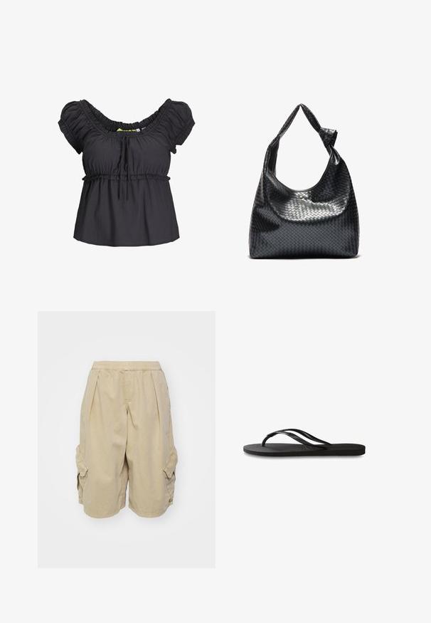 Black, short-sleeve blouse with a gathered neckline and elastic waistband. Soft fabric with a relaxed fit, featuring a tie detail at the front.; BDG Urban Outfitters DETROIT - Cargo trousers - sand; Black flip-flop featuring a textured rubber sole, two slender straps, and a subtle, embossed logo detail on the strap.; Black woven leather handbag with a slouchy design, featuring a knotted strap and a small decorative gold stud at the top.