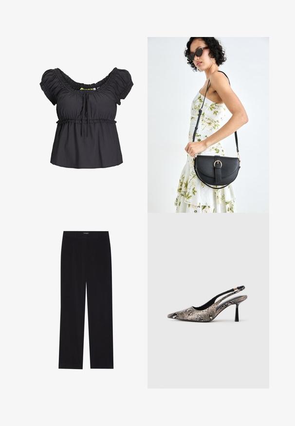 Must heleman, lühikeste varrukatega, musta värvi, kogutud kaelusega ja elastse vöökohtaga. Pehme kangas, lõdva lõikega, ees sidumisega detail.; Mustad sametpüksid sirge lõikega, lame vöökoht, ilma nähtavate taskuteta, sile tekstuur ja vertikaalne soonikute detail.; Kitsas varvusega slingback kingad, mis on valmistatud tekstuuriga maosarnase materjali toel, omavad saledat musta kõrget kontsa ja lõikega disaini külgedel.; Mustmust mustraha kõverate joontega, eemaldatava rihmaga ja kuldsete detailidega. Kotil on klapp, millel on pandladetail.