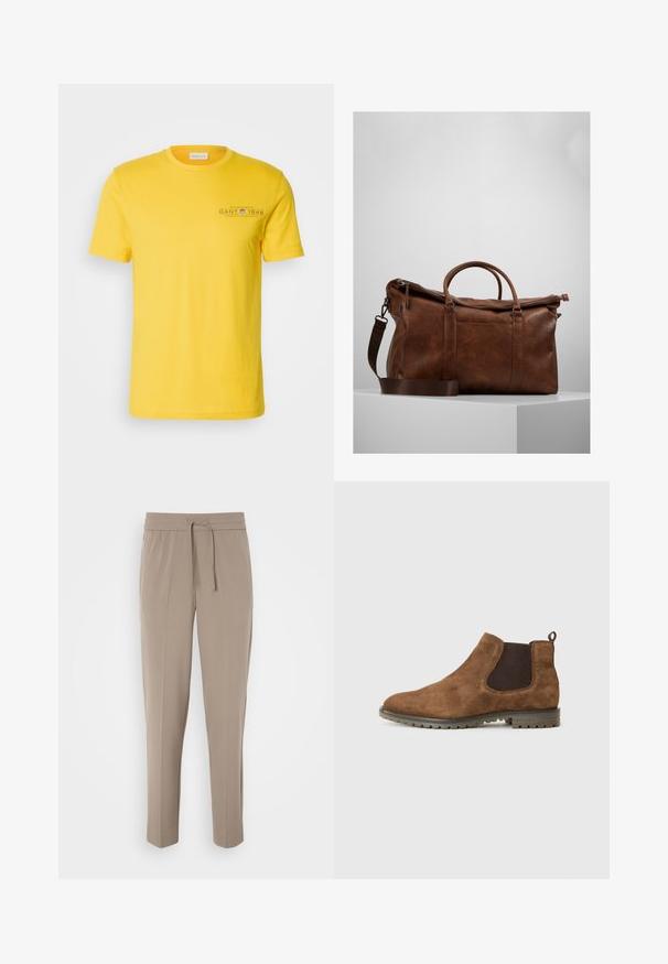 Žlté bavlnené tričko s okrúhlym výstrihom, krátkymi rukávmi a potlačou loga na ľavej hrudi, s hladkou textúrou a ležérnym dizajnom.; Svetlo béžové nohavice s elastickým pásom, nastaviteľnou šnúrkou a zúženými nohavicami. Tkanina vyzerá hladko s jemným leskom.; Hnedé semišové Chelsea boot s elastickými bočnými panelmi, slučkou na ťahanie a textúrovanou gumovou podrážkou s drážkami pre trakciu.; Hnedá kožená cestovná taška so zipsovým uzáverom, dvojitými uchami, nastaviteľným ramenným popruhom a viditeľnými textúrami na povrchu.