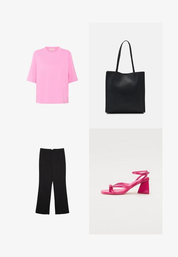 Rosa Baumwoll-T-Shirt mit kurzen Ärmeln, rundem Halsausschnitt und lockerer Passform. Glatte Textur mit einem einfachen, einfarbigen Design.; Schwarze Hose mit geradem Schnitt, ausgestattet mit Fronttaschen und Seitenschlitzen am Saum. Hergestellt aus weichem, glattem Stoff. Geeignet für verschiedene Anlässe.; Rosa Lackleder-Sandaletten mit Absatz, rechteckiger Zehenpartie, schmalen Riemen und geometrischem Blockabsatz. Mit einer Schnallenverzierung am Riemen.; Schwarze Laptoptasche aus Leder mit glatter Textur, rechteckiger Form und zwei langen Griffen. Keine sichtbaren Beschläge oder Verzierungen.