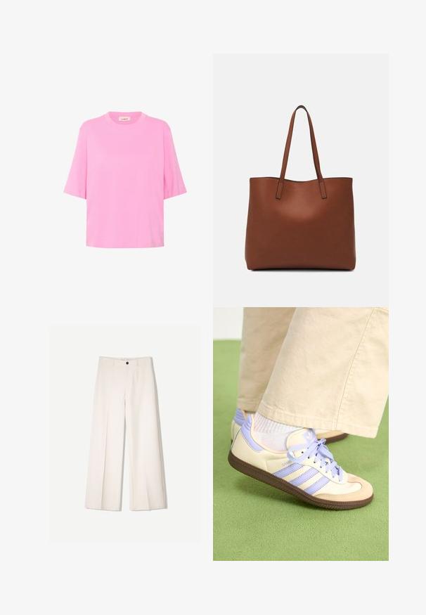 Vaaleanpunainen puuvillat-paita, jossa on lyhyet hihat, pyöreä kaula-aukko ja rento malli. Sujuva pinta, jossa on yksinkertainen, tasainen värisuunnittelu.; Kerman leveletut housut räätälöidyllä designilla, joissa on kaksi etutaskua ja yksi etunapituksilla, valmistettu sileästä kankaasta.; Kermasilta ja laventelilta näyttävät lenkkarit kolmella raidalla ja teksturoidulla ruskealla pohjalla, varustettuna nauhoilla ja pehmustetulla kantapäällä. Pehmeä kangaspinta.; Ruskea nahkainen olkalaukku, jossa on sileä pinta, avoin yläosa ja kaksi olkahihnaa. Omaavat vain minimaalisen ompelun eikä näkyvää metalliosaa.