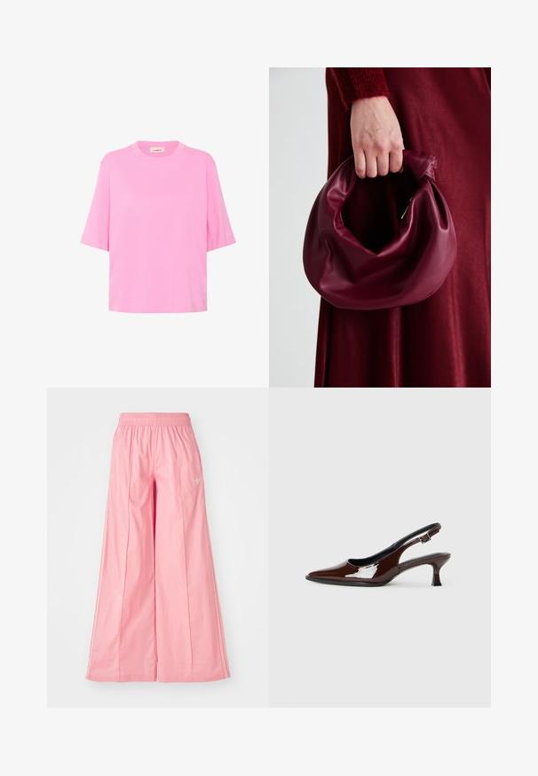 Růžové bavlněné tričko s krátkým rukávem, kulatým výstřihem a volným střihem. Hladká textura s jednoduchým, jednobarevným designem.; Růžové kalhoty s volnými nohavicemi vyrobené z lehké látky, s elastickým pasem a jemnými bílými bočními pruhy. Malé logo na přední straně.; Hnědé lakované kožené slingback boty s špičatou špičkou a mírným podpatkem. Disponují přezkou pro bezpečné upevnění. Hladký povrch.; Burgundská kožená kabelka s měkkým, nabíraným designem a zaobleným tvarem. Ucho je zajištěné a vykazuje hladkou texturu.