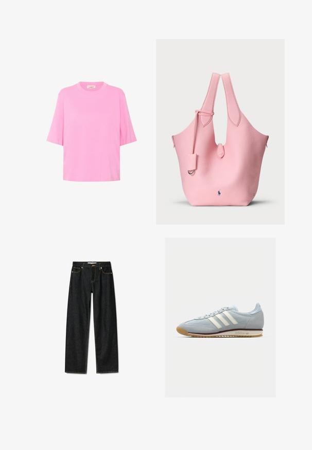 Rózsaszín pamut póló rövid ujjakkal, kerek nyakkal és laza szabással. Simogatós textúra, egyszerű, egyszínű dizájn.; Sötét farmernadrág egyenes szabással, réz gombos záródással és kontrasztos sárga varrással. Öt zsebbel és klasszikus fazonnal rendelkezik.; Világoskék velúr sneaker fehér három csíkkal, gumitalppal és texturált hálós anyaggal. Jellemzője a sima orr-rész és a logó a saroknál.; Rózsaszín bőrtáska texturált felülettel, két hosszúkás fülekkel és egy kis levehető címkével. A logó az alján helyezkedik el.