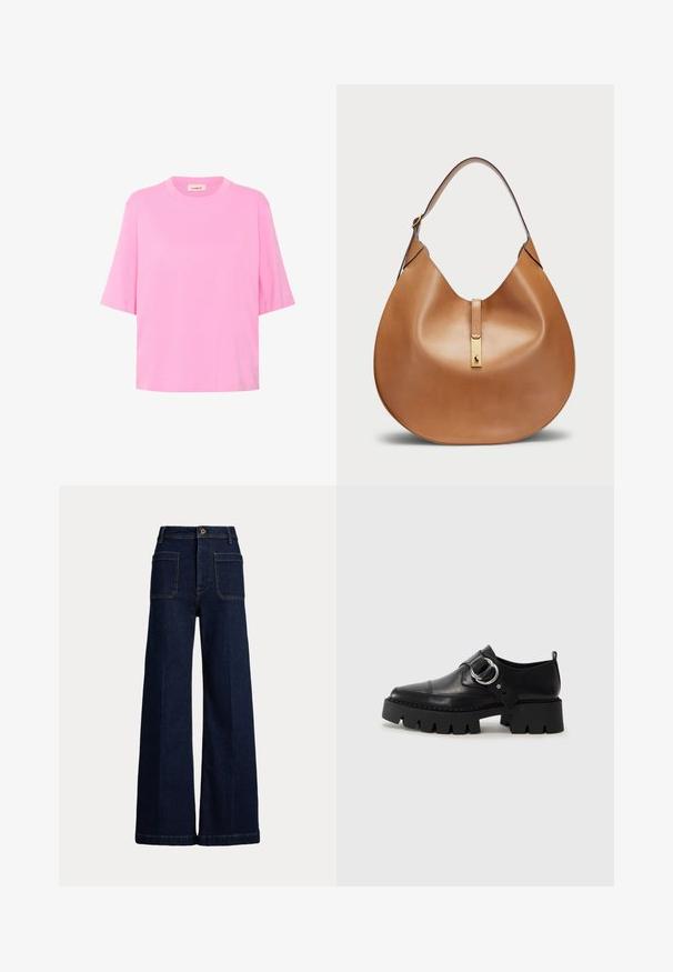Rosa bomulds t-shirt med korte ærmer, rund hals og løs pasform. Glat tekstur med et enkelt, ensfarvet design.; Bredde ben mørkeblå denimjeans med høj talje, fem lomme-design og kontrasterende syninger. Har knaplukning og en struktureret form.; Sorte lædersko med en kraftig, rillede sål, der har en cirkulær sølvhardware accent og minimal syningsdetalje.; Tan lædertaske med en buet form og en bred skulderrem. Har et guld metalaccent i midten og en glat overflade.