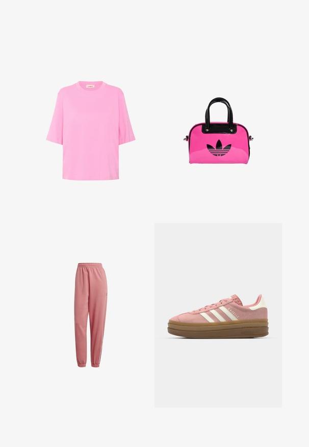 Rozā kokvilnas T-kreklu ar īsām piedurknēm, apaļu kaklu un brīvu piegriezumu. Gluda tekstūra ar vienkāršu, vienkrāsainu dizainu.; Rozā sporta bikses ar elastīgu jostasvietu, sašaurinātām kājām un ribotām piedurknēm. Iezīme logotipa detaļa uz kājas un kontrastējošas svītras malās.; adidas Originals GAZELLE BOLD - Sporta apavi - mauve/off white; Rozā lakota rokassoma ar melnu logo un rokturiem, ar noapaļotu formu un rāvējslēdzēja aizdari. Spīdīga tekstūra palielina redzamību.