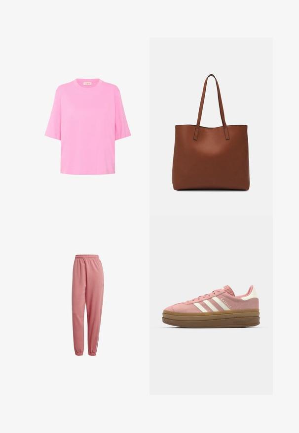 Rosa bomulds t-shirt med korte ærmer, rund hals og løs pasform. Glat tekstur med et enkelt, ensfarvet design.; Lyserøde joggebukser med elastisk talje, smalle ben og ribbede manschetter. Har logo-detalje på benet og kontrasterende striber på siden.; adidas Originals GAZELLE BOLD - Sneakers - mauve/off white; Brun læder tote taske med en glat overflade, åben topdesign og to skulderremme. Har minimal syning og ingen synlig hardware.