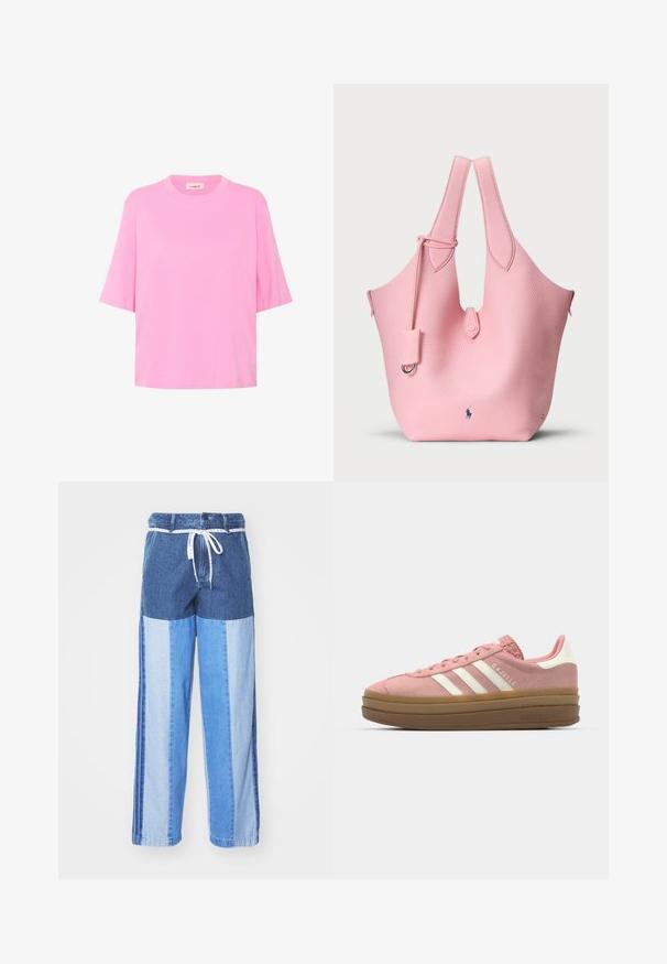 Rosa bomulds t-shirt med korte ærmer, rund hals og løs pasform. Glat tekstur med et enkelt, ensfarvet design.; Blå denimbukser med et patchwork-design i forskellige nuancer af blå, snor i taljen og løse, lige ben.; adidas Originals GAZELLE BOLD - Sneakers - mauve/off white; Rosa læder tote taske med tekstureret overflade, der har to forlængede håndtag og en lille aftagelig mærke. Logo placeret i bunden.