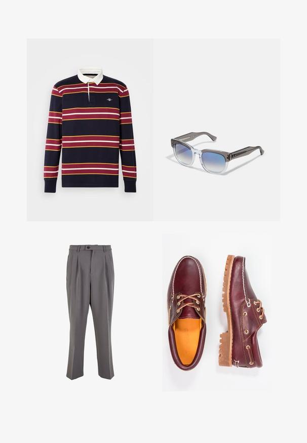 Tengerészcímmel ellátott, hosszú ujjú polo póló sötétkék alapon piros, fehér és sárga vízszintes csíkokkal. Fehér gallérral és egy kis hímzett logóval a mellkason.; Sima anyagból készült szürke pliszírozott nadrág, egyenes szabással, egygombos záródással és övhurkokkal. Minimalista dizájn.; Bordó bőr cipő barna gumitalppal, kerek orral, fehér varrással és arany fűzőlyukakkal. A belső tér sárga béléssel rendelkezik.; Szögletes, szürke és áttetsző keretes napszemüveg, fokozatosan kék lencsékkel és fémes díszítésekkel a szárakon. Könnyű anyag.