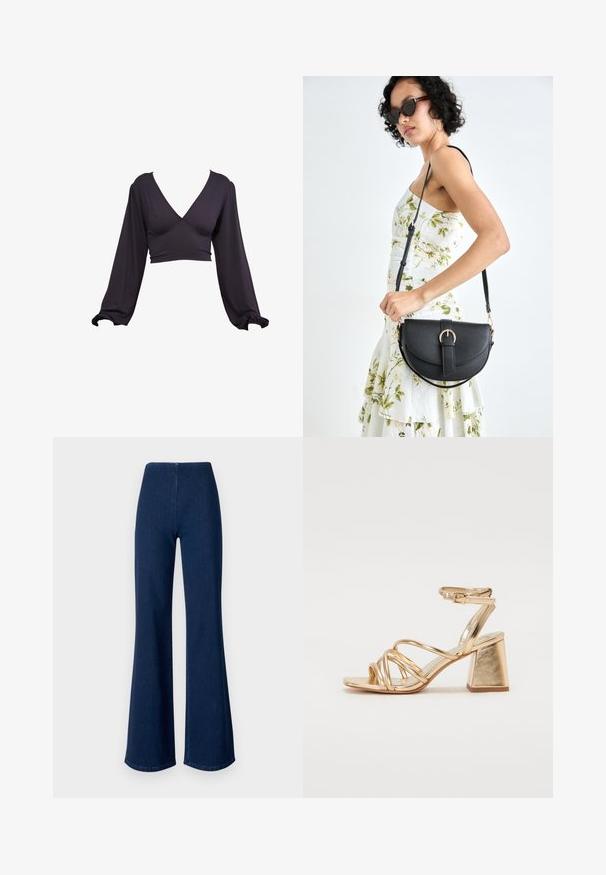 Top scurt de culoare mov închis, cu decolteu în V, mâneci lungi tip balon și manșete elastice. Fabricat dintr-un material neted și elastic, cu talie ajustată.; Jeans evazați de culoare albastru închis, din denim, cu un brâu elastic. Au o textură netedă și un design cu picioare late ce se extind până la tiv.; Sandale cu toc metalice aurii, având un design cu barete, toc pătrat și curea ajustabilă la gleznă cu cataramă. Textură netedă.; Geantă din piele neagră, cu o formă curbată, curea detașabilă și accesorii aurii. Geanta are un capac cu un detaliu tip cataramă.