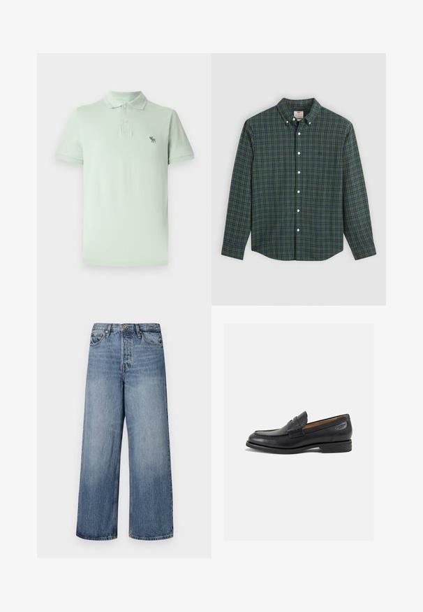 Hele rohelise värvi polo särk, mis on valmistatud puuvillast. Särgil on nööpidega kaelus, lühikesed varrukad ja vasakul rinnal väike tikand.; Pikend varrukatega nööbiga särk rohelise, sinise ja kollase ruudulise mustriga, valged nööbid ja nööbitud krae.; Laia siniste denimpükse, millel on pleekinud pesu, viie tasku disain ja nööbi sulgemine. Varustatud vööde jaoks silmadega ja õmblustega detailidega.; Mustad mustad nahast loafers, sujuva viimistlusega, ümar sirge ja dekoratiivne tikand peal. Madal ja kergelt kuhjatud konts ning kerge läige.