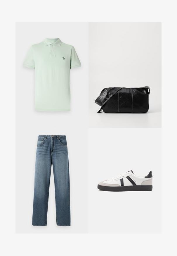 Világoszöld pamut póló, gombos nyakkal, rövid ujjal és egy kis hímzett logóval a bal mellen.; Egyenes szárú kék denim farmernadrág, kopott mosással, öt zsebes kivitelezéssel, fém gombbal és övhurkokkal. Közepes súlyú, strukturált anyag.; Fehér sneaker fekete és szürke részletekkel, textúrált szürke orr résszel, fekete gumitalppal és lapos fehér fűzőkkel. Tiszta dizájn, minimalista stílus.; Fekete bőr válltáska, cipzárral zárva, texturált felülettel, fehér varrással és ezüst fémgyűrűs pánttal.