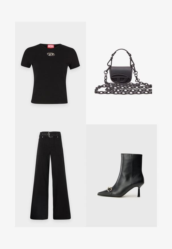 Melna īsām piedurknēm T-kreklā, izgatavota no kokvilnas, ar apaļu kakla izgriezumu un metāliski ovālu logotipa akcentu uz priekšpuses.; Melna platā kāju bikses, izgatavotas no kokvilnas, ar augstu jostasvietu, lieliem sānu kabatām un jostu ar sudraba detaļām.; Melnā ādas potīšu zābaku ar smailu purngalu, šauru vidēja augstuma papēdi un sudraba sprādzi sānos uz vienkrāsaina fona.; Maza melna rokassoma, kas izgatavota no gludas ādas, ar noapaļotu formu, priekšējā logotipa akcentu un teksturētu ķēdes siksnu.