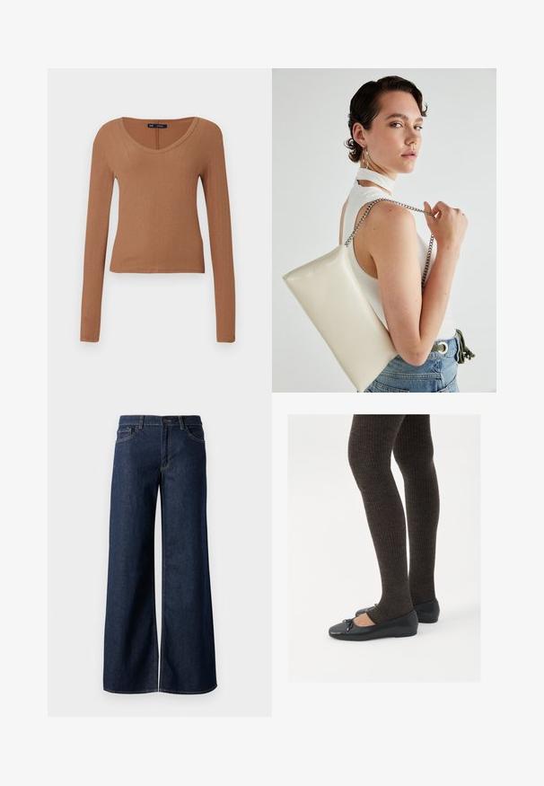 Brown, ribbed long-sleeve top with a scoop neckline and fitted design. Made from a soft, stretchy material for comfort.; Wide-leg jeans in dark blue denim. Features contrast stitching, five pockets, and a button closure at the waist. Smooth texture.; Black flat shoes with a small bow detail at the toe, paired with dark brown ribbed tights. Shoes have a smooth texture and low profile.; White rectangular clutch bag made of glossy material, featuring a silver chain strap. Model poses, showcasing the bag against a plain background.
