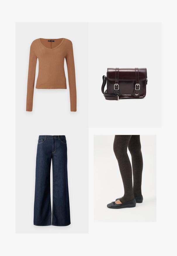 Top lung cu maneci lungi, cu dungi, de culoare maronie, cu guler rotund și design fixat. Fabricat dintr-un material moale și elastic pentru confort.; Jeanși cu picioare largi din denim albastru închis. Prezintă cusături contrastante, cinci buzunare și o închidere cu nasture la talie. Textură netedă.; Pantofi negri cu un detaliu mic de fundiță la vârf, asortați cu colanți maro închis, cu textură ondulată. Pantofii au o textură netedă și un profil joase.; Geantă crossbody din piele lac burgundă, cu formă rectangulară, două curele, accesorii din argint și închidere cu clapetă.