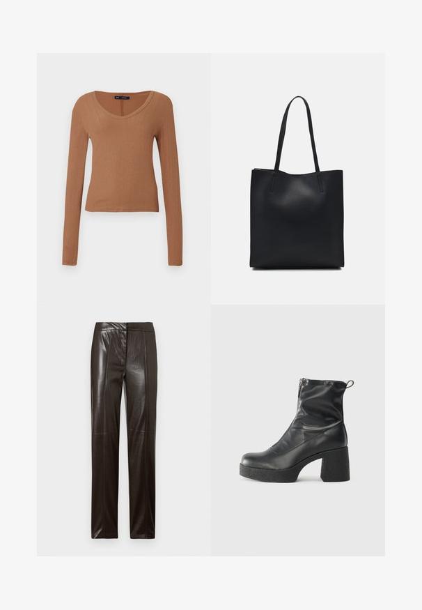 Braunes, geripptes Langarmoberteil mit Rundhalsausschnitt und figurbetonter Passform. Hergestellt aus einem weichen, elastischen Material für hohen Komfort.; Dunkelbraune gerade geschnittene Lederhosen mit glatter Oberfläche und dezenten Nahtdetails an der Vorderseite.; Schwarze Stiefeletten aus glattem Leder mit seitlichem Reißverschluss, klobigem strukturiertem Absatz und runder Zehenform.; Schwarze Laptoptasche aus Leder mit glatter Textur, rechteckiger Form und zwei langen Griffen. Keine sichtbaren Beschläge oder Verzierungen.