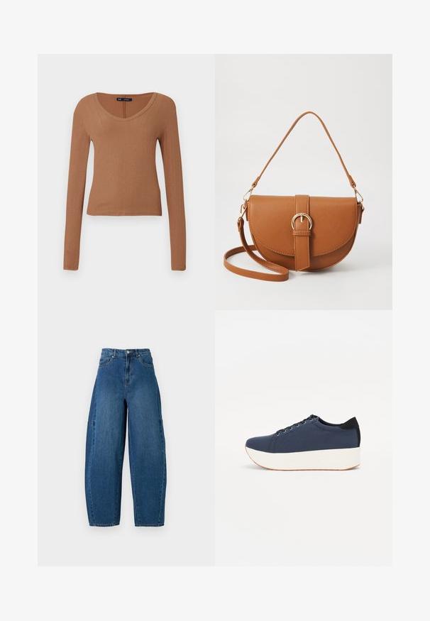 Hnedý, rebrovaný top s dlhým rukávom a okrúhlym výstrihom, so priliehavým strihom. Vyrobený z mäkkého, elastického materiálu pre komfort.; Džínsy v strednom modrom umývaní, s vysokým pásom, širokým strihom nohavíc a klasickým dizajnom s piatimi vreckami a viditeľnými švami.; Námornícky modré tenisky s textúrovaným textilným zvrškom, bielou platformovou podrážkou, zaoblenou špičkou a čiernym akcentom na päte. Obsahujú šesť otvorov na šnúrky.; Hnedá kožená kabelka cez telo s zakriveným tvarom, zlatými kovovými doplnkami a akcentom s prackou. Obsahuje odnímateľný ramenný popruh.