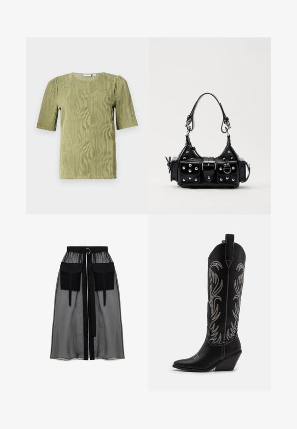 Šviesiai alyvuogių žalia trumpas rankovėmis palaidinė su tekstūruota bangų raštu. Apvalus iškirpimas ir šiek tiek raukšlių pečių srityje. Minkšta medžiaga.; Juoda permatoma sijonas su surinkta liemene, dviem didelėm priekinėm kišenėm, liemens raišteliu ir apvaliu metaliniu akcentu.; Juodi oda kaubojiški batai su smailiu nosiu, stulpeliu ir sidabriniais siuvinėti gėlių raštais palei šoną. Kontrastingas siuvinėjimas visoje bato dalyje.; Juodas odinis rankinukas su kreiviu dizainu, su sidabro spalvos knopkėmis, užsegimu ir dviem šoninėmis kišenėmis. Reguliuojama dirželis nešimui.