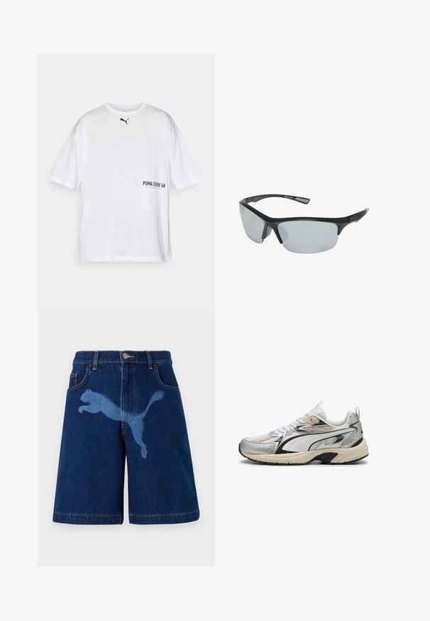 Camiseta de algodón blanca con mangas cortas y cuello redondo, que presenta un pequeño logo negro de Puma y "PUMA CREW 48" impreso en negro en la parte frontal.; Pantalones cortos de mezclilla en azul oscuro con una silueta en azul claro de un gato saltando. Diseño clásico con cinco bolsillos y detalles de costura visibles.; Zapatillas con un diseño en plata, blanco y negro, fabricadas con materiales de malla y sintéticos, suela texturizada y acentos contrastantes.; Gafas de sol deportivas de plástico negro con lentes grises, diseño aerodinámico, forma curva y patillas texturizadas para un mejor agarre.