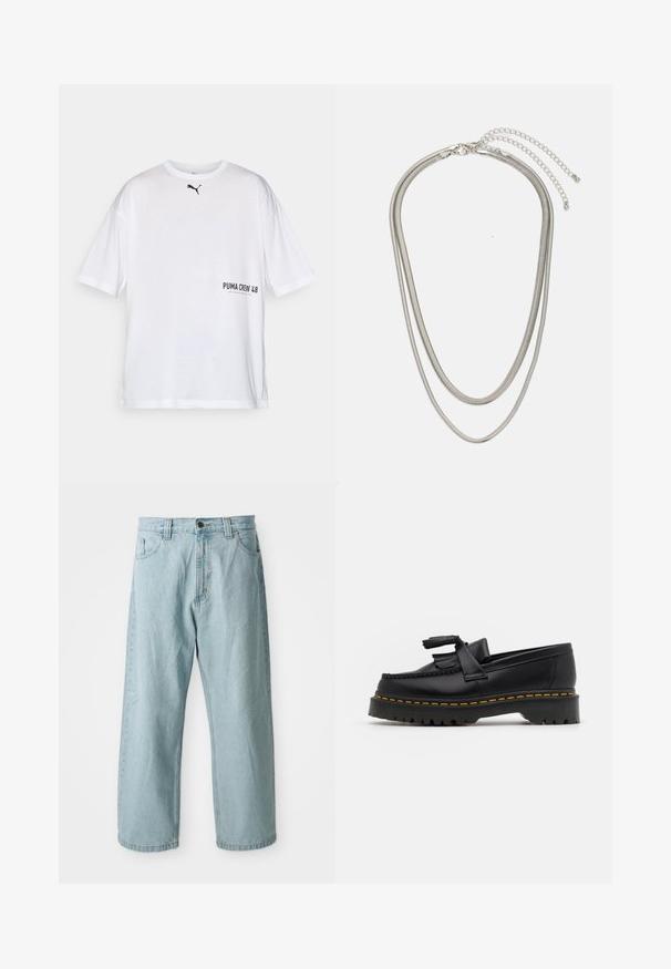 Bijela pamučna majica s kratkim rukavima, okruglim izrezom, na kojoj je sprijeda mali crni Puma logo i natpis "PUMA CREW 48" ispisan crnom bojom.; Svijetloplave traperice s širokim nogavicama. Imaju pet džepova, prednje zatvaranje na gumbi i patentni zatvarač, te blago izblijedjelu teksturu.; Crna kožna loaferica s resicama, koja ima čvrst crni potplat i žute šavove duž ruba. Teksturirana završna obrada.; Necklace od tri sloja srebrnog metala s elegantnim, fleksibilnim lančićima blagog sjaja, zatvoren s karabinera i prilagodljivim lančićem.