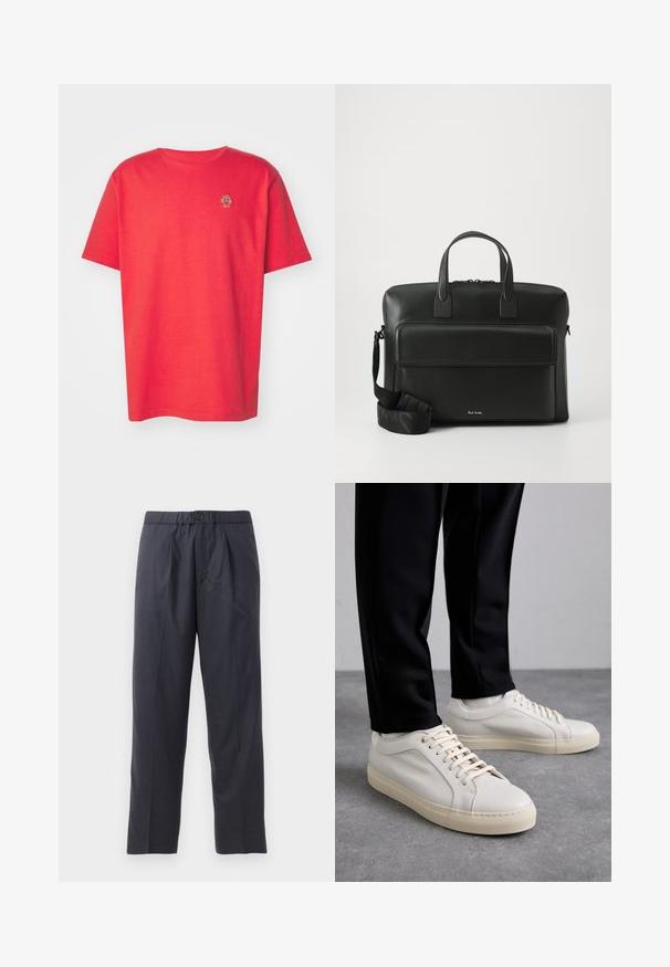 Bally T-shirt basique - red fire; Pantalons bleu marine foncé en tissu doux avec un design front à plis et une taille élastique. Comprend une fermeture à bouton et une coupe droite.; Baskets en cuir beige clair avec des lacets plats, une surface texturée et une semelle en caoutchouc crème contrastante, associées à un pantalon noir fuselé.; Malette en cuir noir avec des poignées supérieures doubles, une poche avant et une bandoulière amovible, arborant un logo discret en bas.
