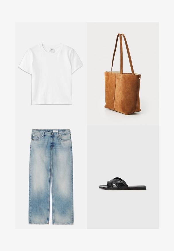 Bílá bavlněná trička s kulatým výstřihem, krátkým rukávem a rovnym lemem. Štítek označený "Won Hundred" uprostřed výstřihu.; Světle modré džíny s širokým střih, s vybledlým designem, pěti kapsami a zapínáním na knoflík. Rovný střih se třepícími se okraji.; Černé klínové sandály s hladkým koženým povrchem, s překříženými popruhy a výřezovými detaily, a plochou, flexibilní podrážkou.; Hnědá semišová tote taška s dvěma dlouhými uchy, hladkým povrchem a šitými detaily, s jednoduchým, strukturovaným designem.