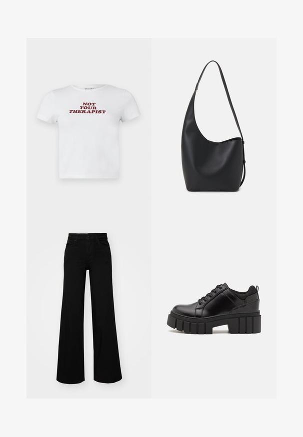 Balts kokvilnas T-krekls ar īsām piedurknēm, kurā ir uzdrukāts spilgti bordo teksts "NEESI TAVS TERAPEITS" rotaļīgā fontā.; Melni plaša kāju bikses, izgatavotas no džinsa, ar strukturētu jostu, jostu cilpiņām un priekšējām kabatām. Gluda tekstūra ar klasisku dizainu.; Melnas ādas platformas kurpes ar masīvu bloku papēdi, apaļu purngalu un tradicionālu saistīšanas dizainu. Izceļas ar gludu tekstūru un minimālu apdari.; Melnas ādas hobo soma ar gludu tekstūru, izliekta forma un vienu regulējamu jostu; augšā ir plaša atvere.