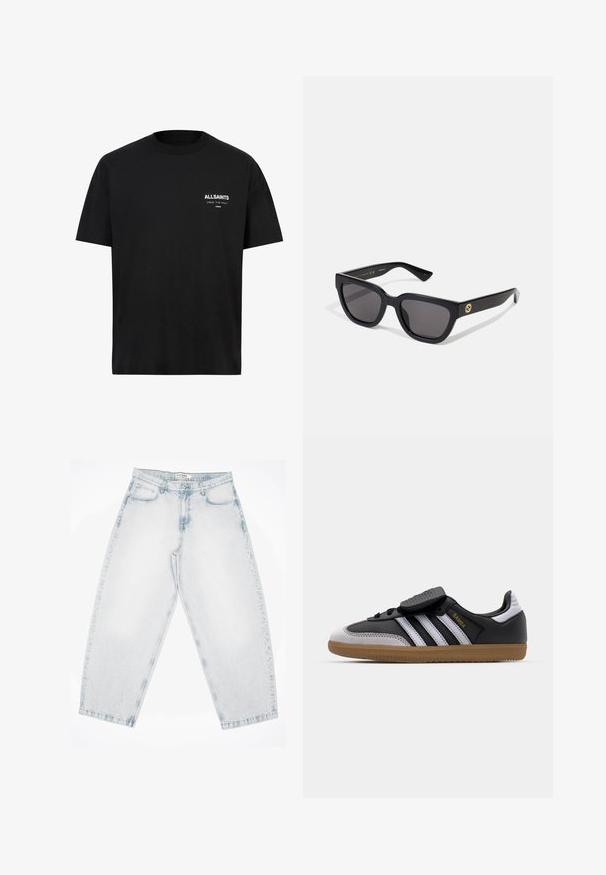 Must t-särk lühikeste varrukatega ja ümberringi kaelusega. Vasakul rinnal on valge tekst "ALLSAINTS" ja "LONDON".; Heledad sinised teksad, millel on lõdva, kotjaks sobiv istuvus. Omab viit taskut, nööbisuletust ja õmblustega kaunistust. Pleekinud tekstuur ja sirged jalad.; Must musta ja halli suede tennisekad valgete triipudega, kummist kummitallaga, paelaga esiosaga ja Velcro rihmaga. Omab kuldset "Samba" brändi.; Mustad musta värvi ristkülikukujulised prillid, millel on läikiv viimistlus, tumedad läätsed ja kuldsed aksessuaarid templil, millel on logo.